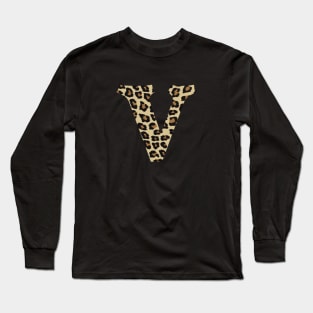 Letter V Leopard Cheetah Monogram Initial Long Sleeve T-Shirt